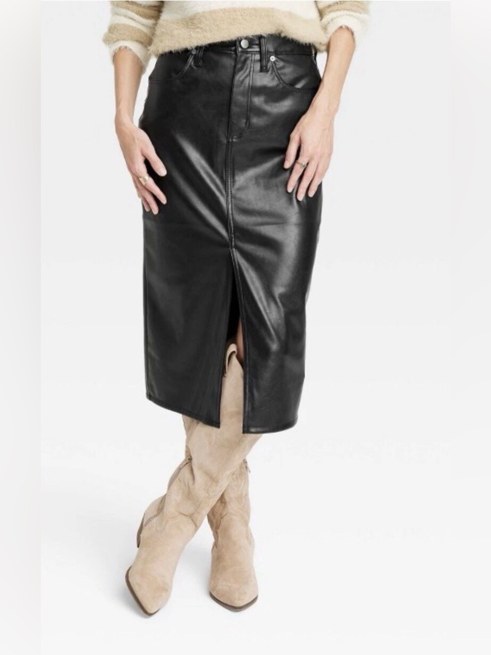 Universal Thread Black Faux Leather Midi Pencil Skirt with Center Front Slit